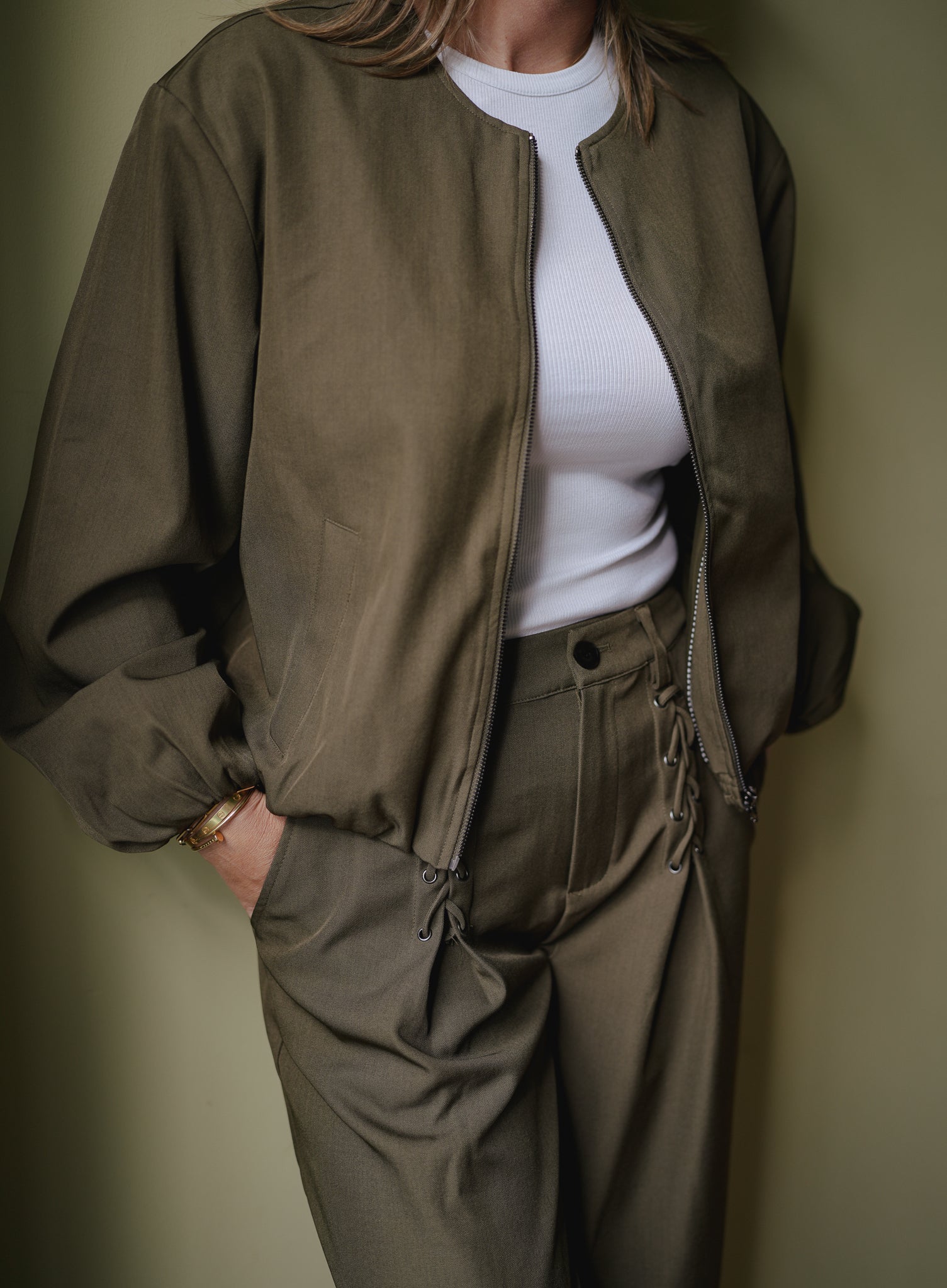 Co'couture Luna Eyelet Wide LL Pant - Military Olive
