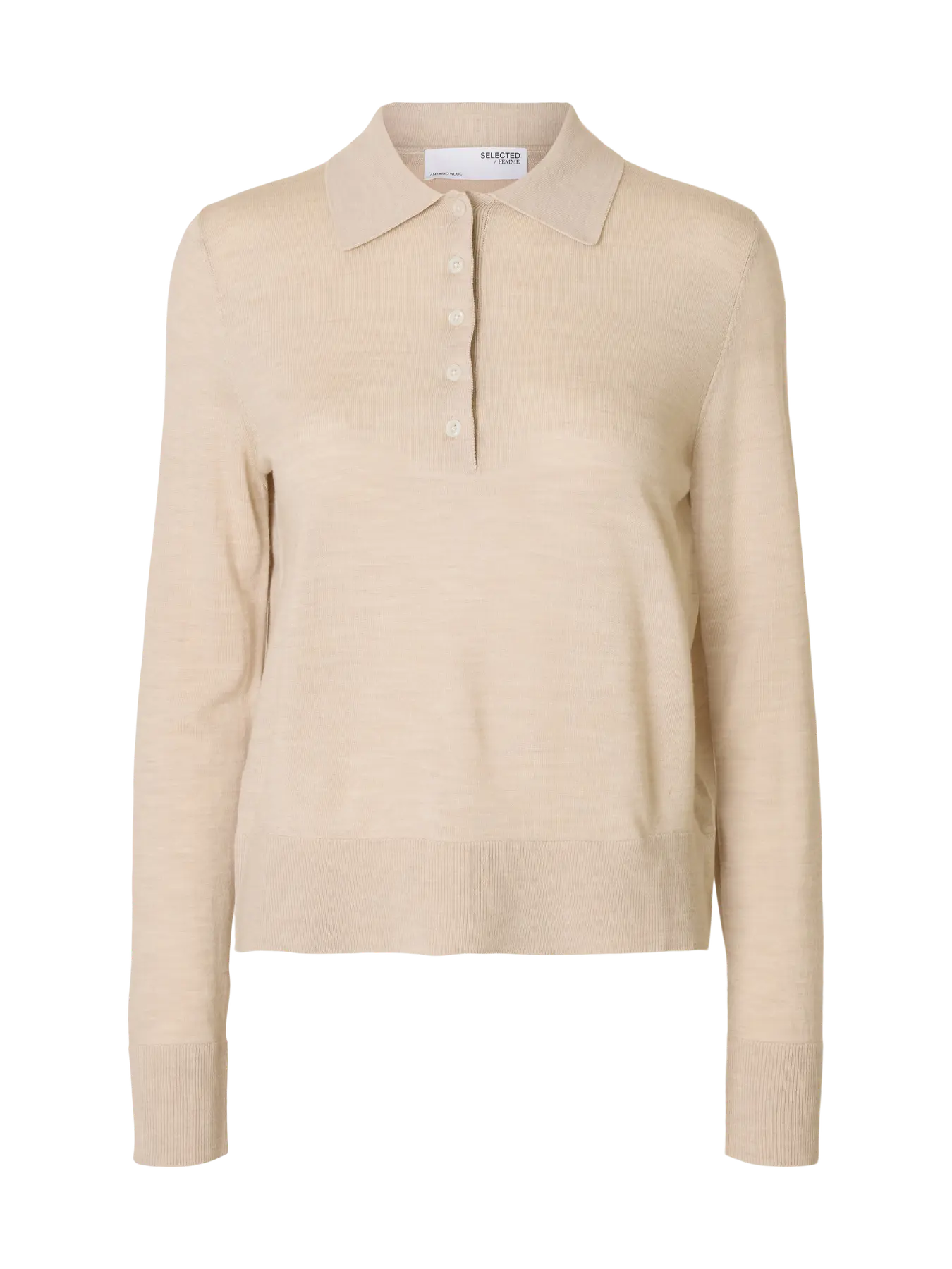 Selected Femme Thea LS Knit Merino Collar Neck - Oatmeal