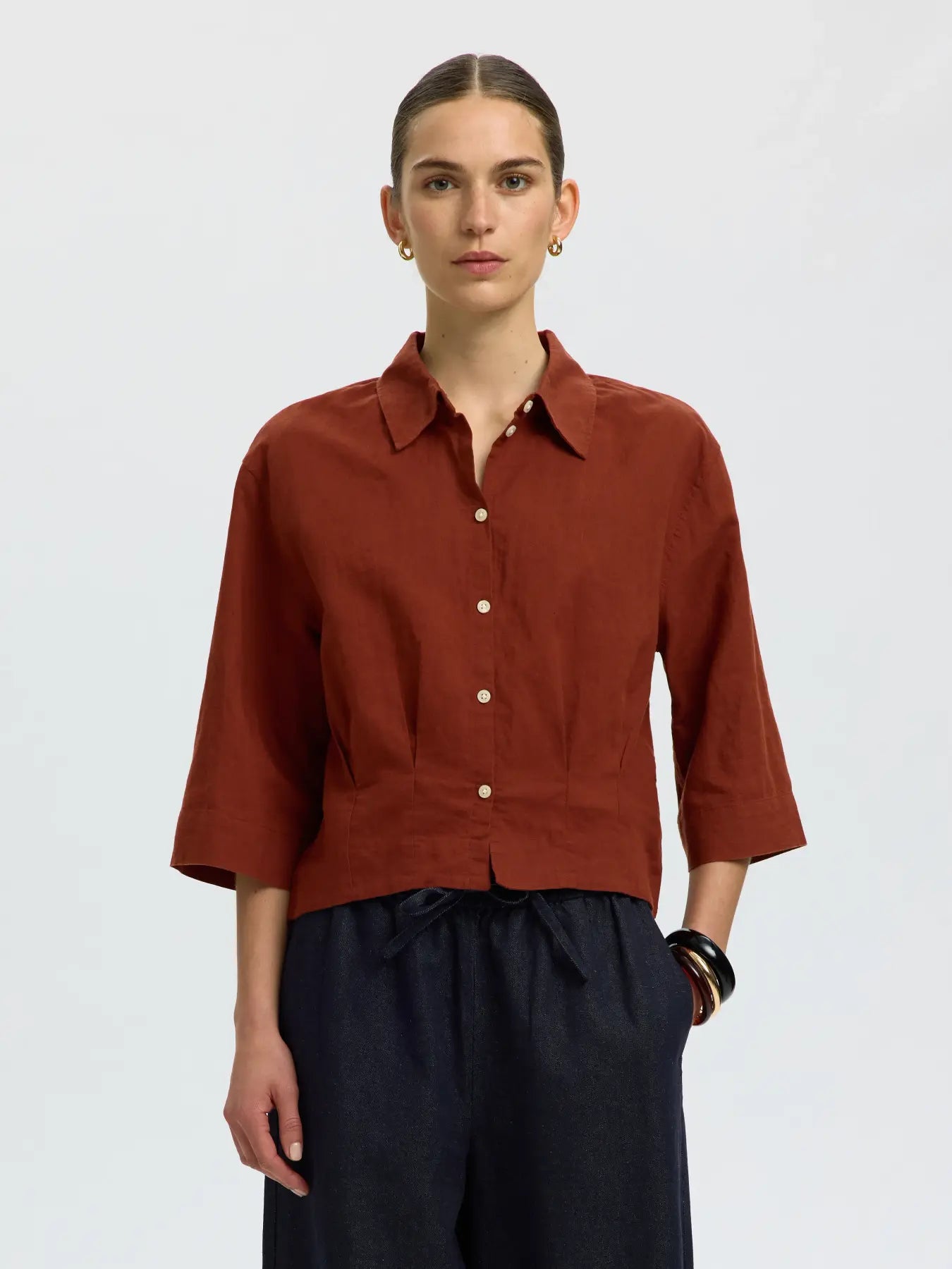 Selected Femme Cleo Regular 3/4 Cropped Shirt - Cherry Mahogany